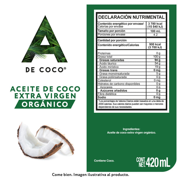 Aceite de Coco Virgen Orgánico 420ml.