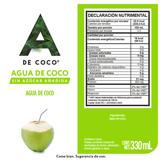 Agua de Coco 330 ML 100% Natural, Paquete de 12