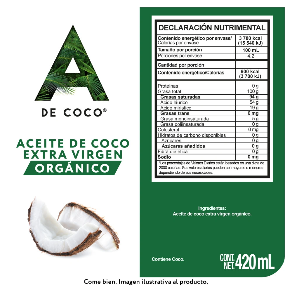 Etiqueta de Aceite de coco orgánico 420 ml