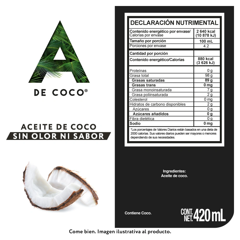 Etiqueta de Aceite de coco sin olor ni sabor 420 ml