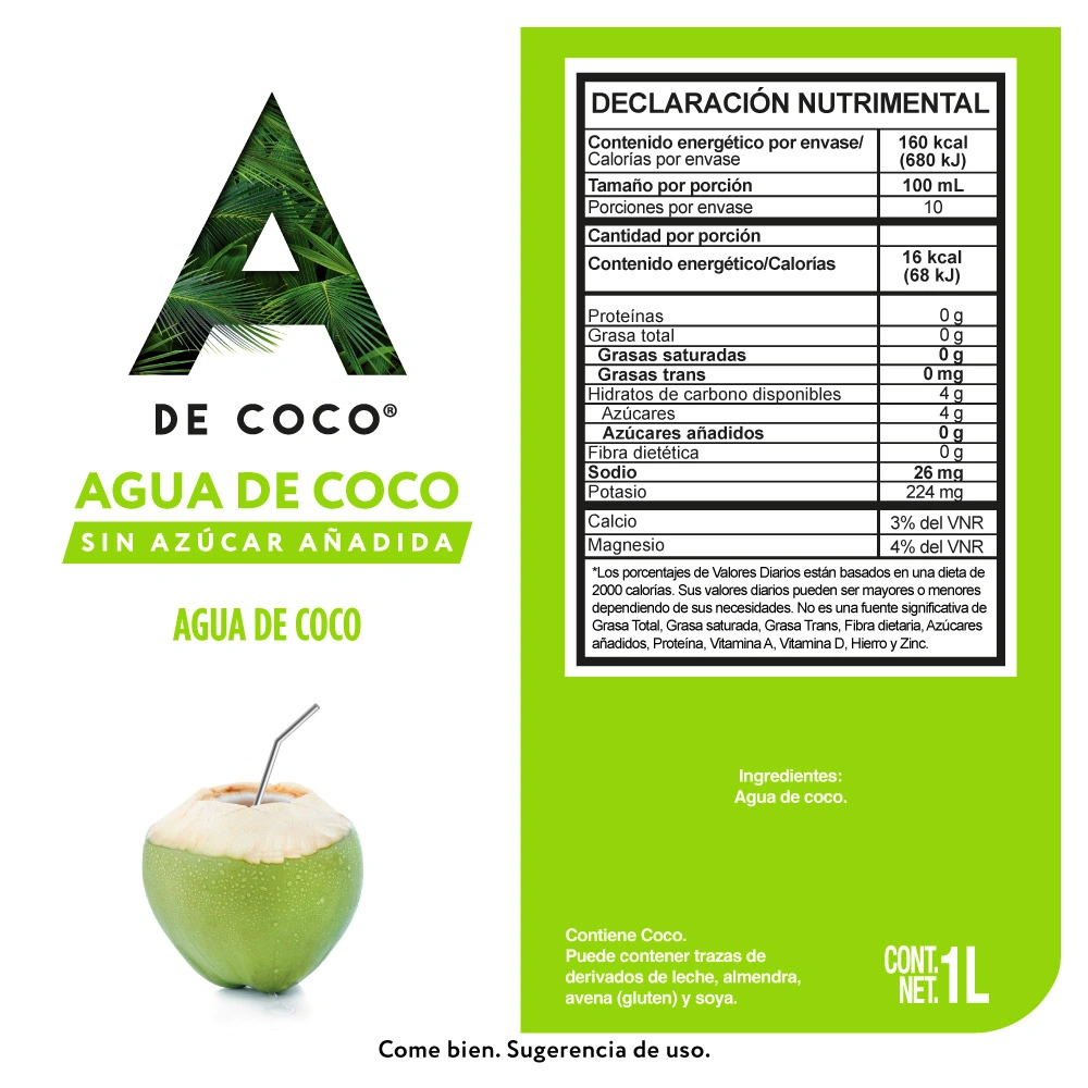 Etiqueta de Agua de coco 100% natural 1 L
