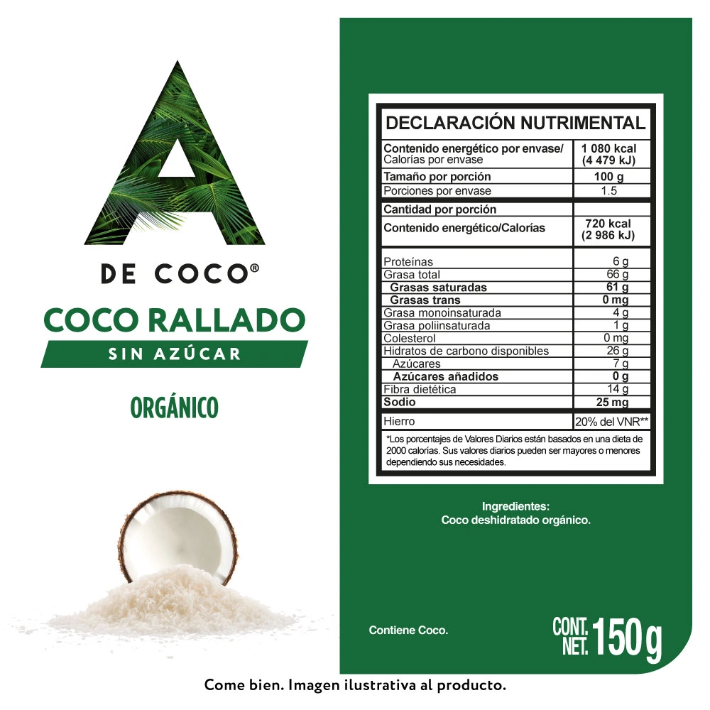 Etiqueta de Coco deshidratado orgánico 150 g