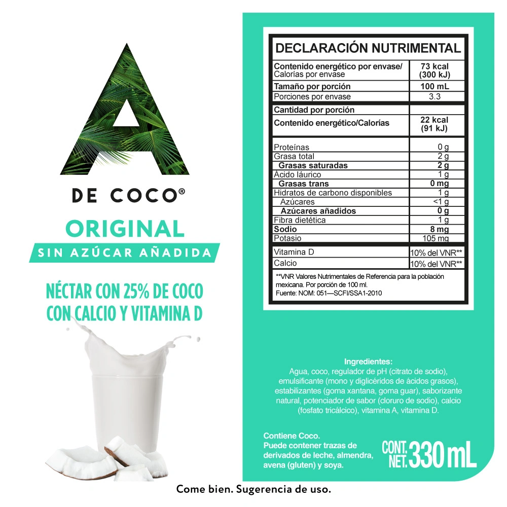 Etiqueta de Néctar con 25% de coco 330 ml