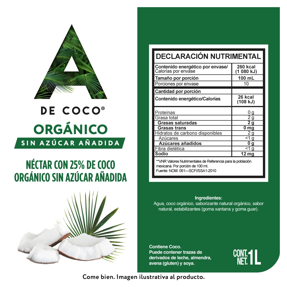 Etiqueta de Néctar con 25% de coco orgánico 1 L
