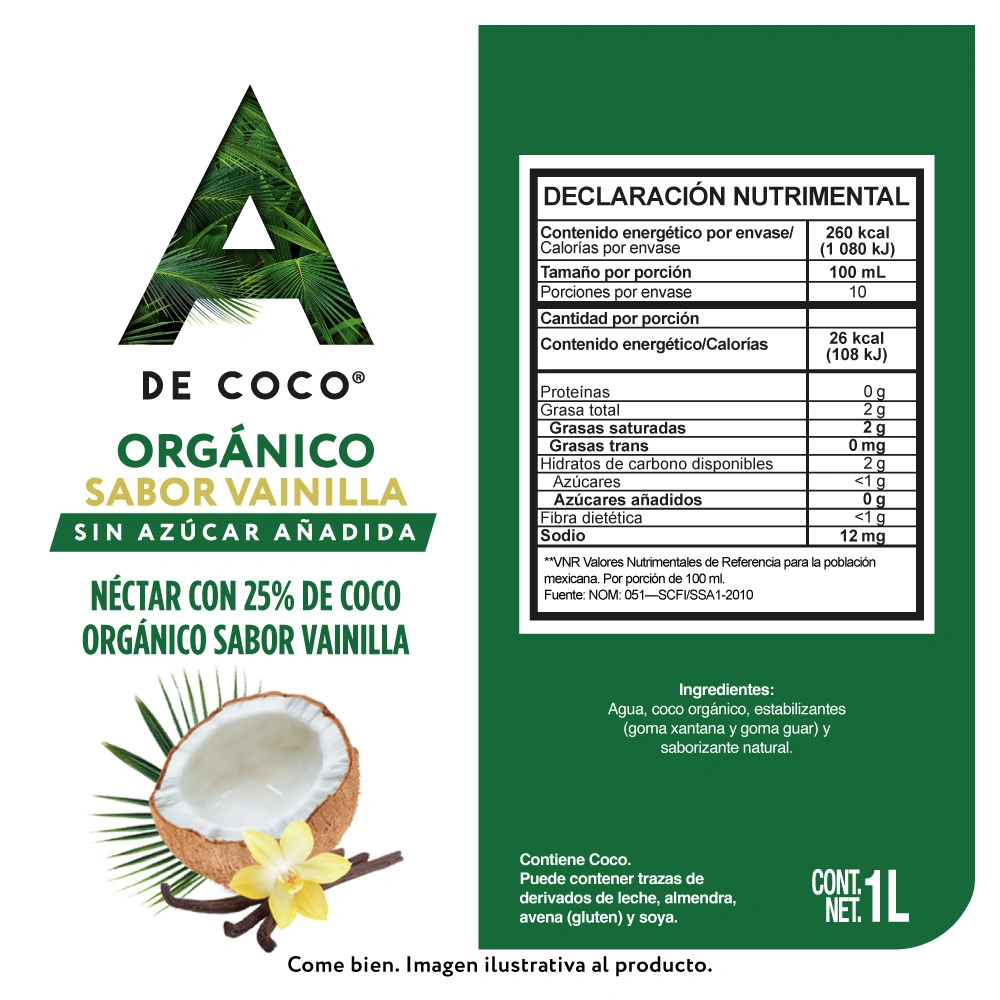 Etiqueta de Néctar de coco orgánico sabor vainilla 1 L