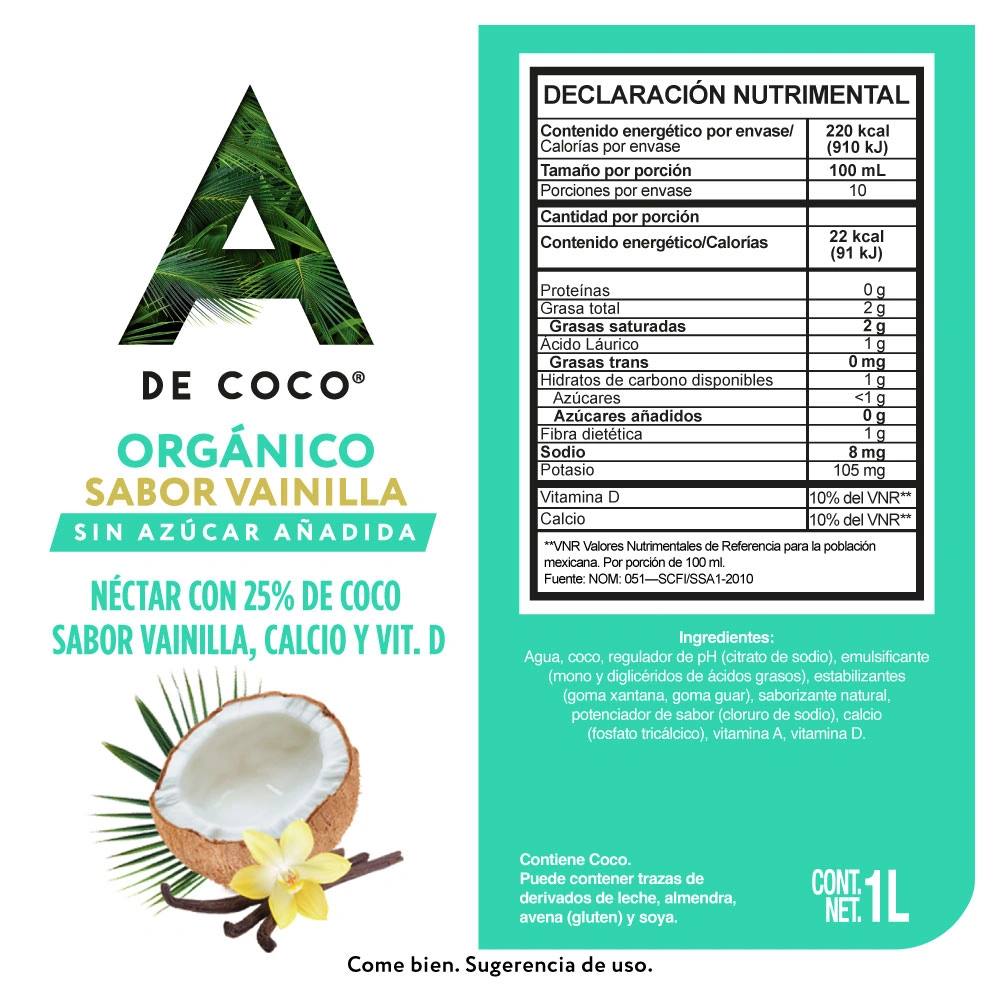 Etiqueta de Néctar de coco original sabor vainilla 1 L