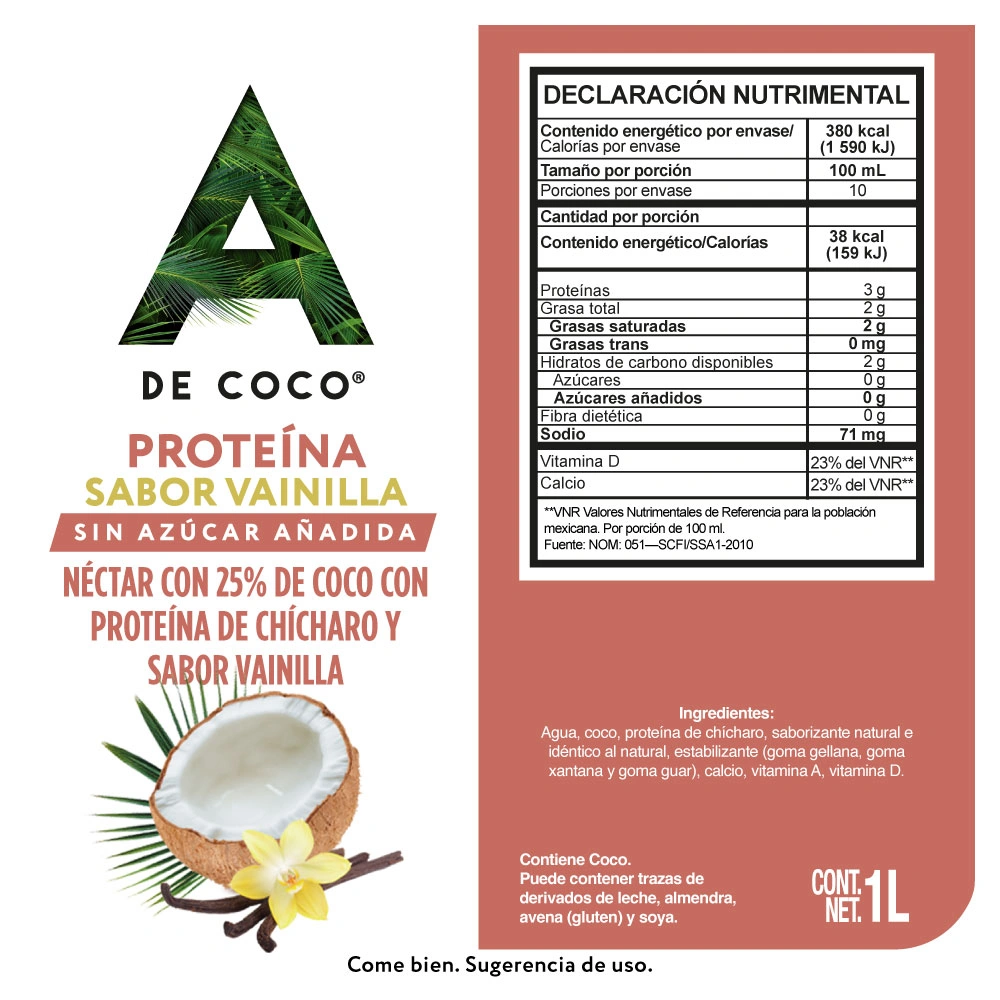 Etiqueta de Néctar de coco con proteína sabor vainilla 1 L