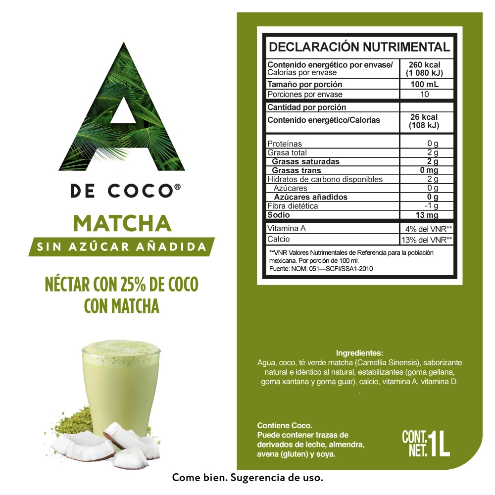 Etiqueta de Néctar de coco con matcha 1 L
